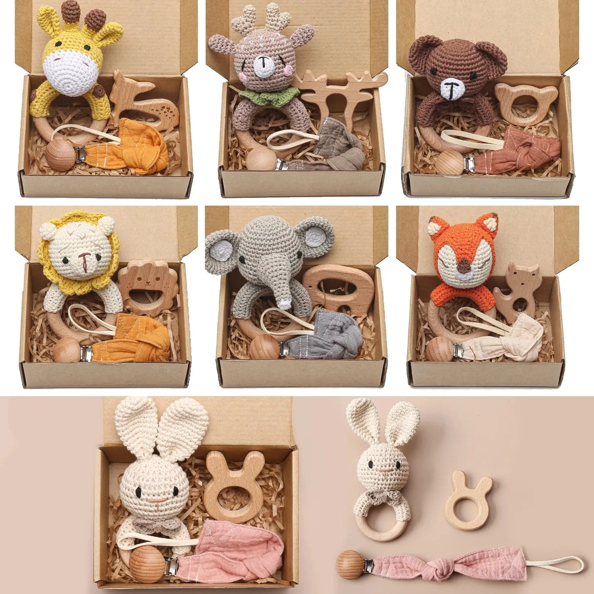 Newborn Baby Towel Bath Sets Gift Boxs Muslin Squares Cotton Blanket Bath Brushes Shower Animal Rattle Pacifier Chain Baby Items