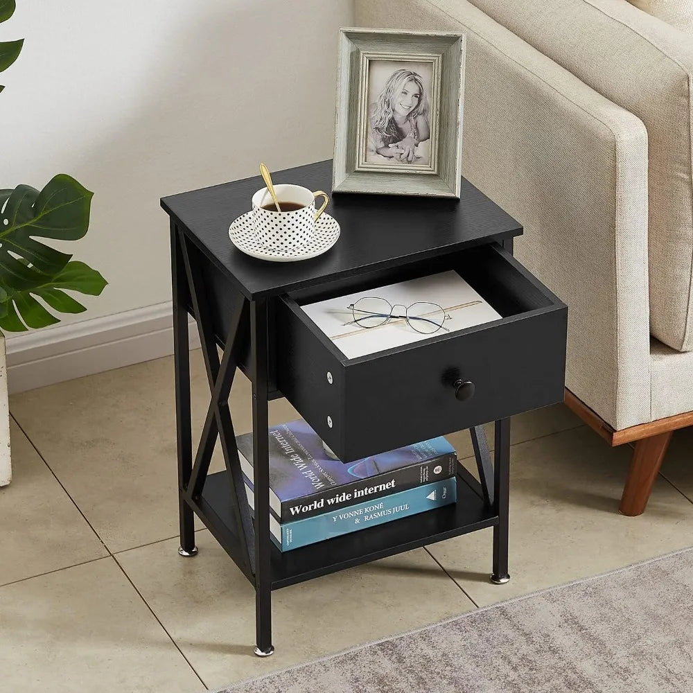 Nightstand, Modern Bedside End Table Set of 2, Night Stand with Drawer and Storage Shelf for Living Room Bedroom