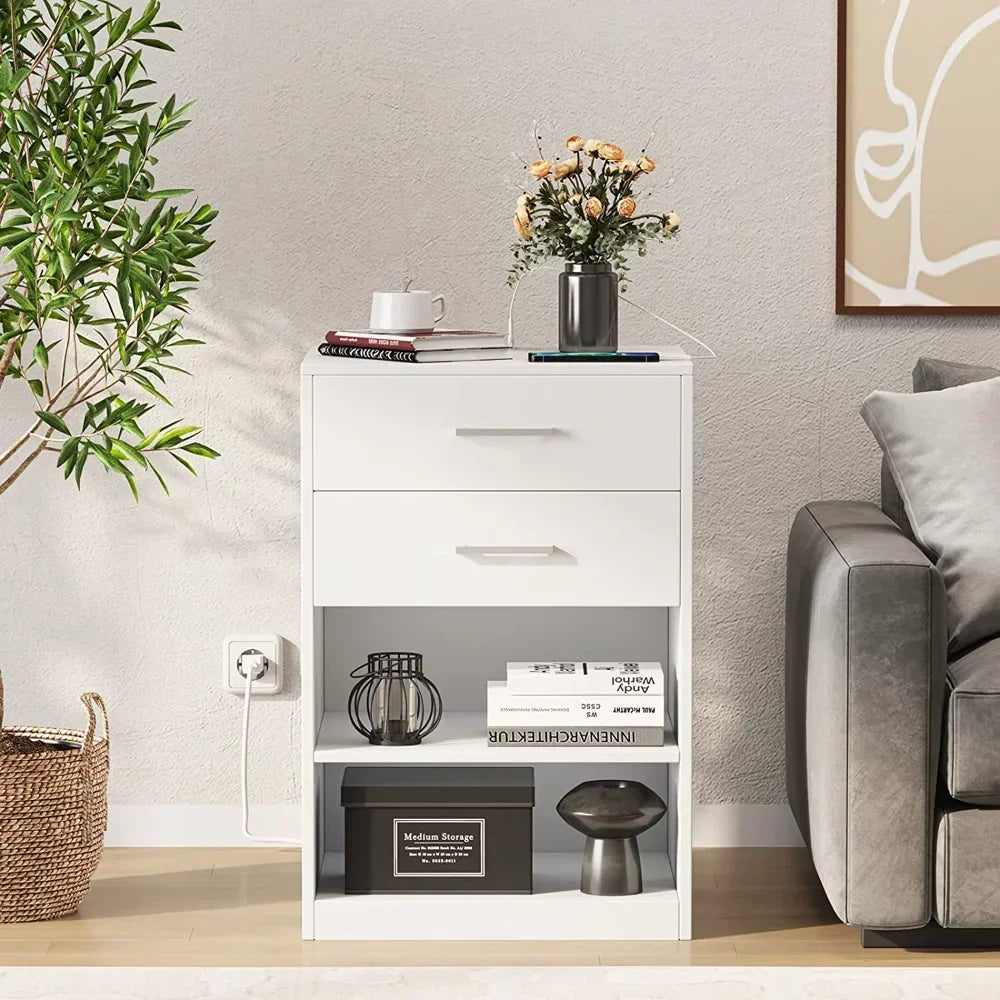 Nightstand with Charging Station, 2 Drawers Bedside Table with USB Port and Outlets,  Storage Shelves with Sliding Drawer