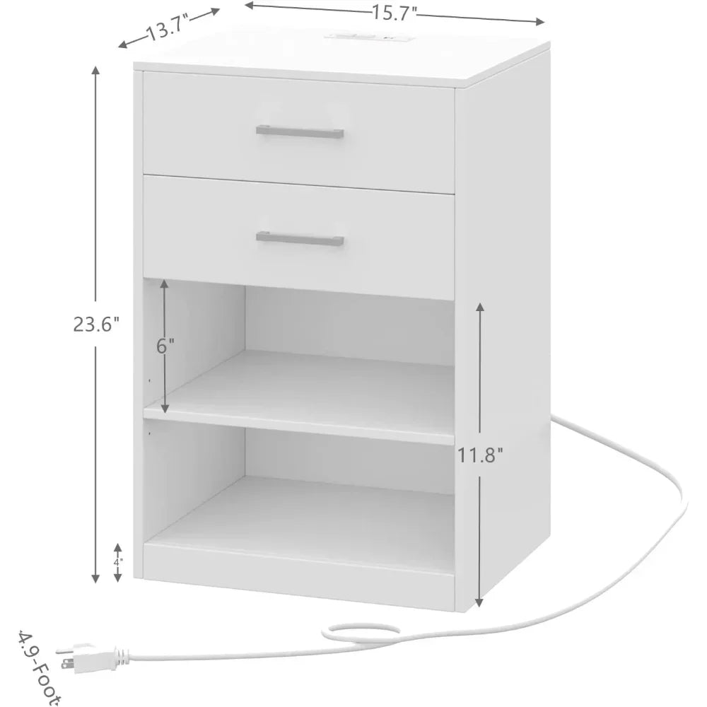 Nightstand with Charging Station, 2 Drawers Bedside Table with USB Port and Outlets,  Storage Shelves with Sliding Drawer