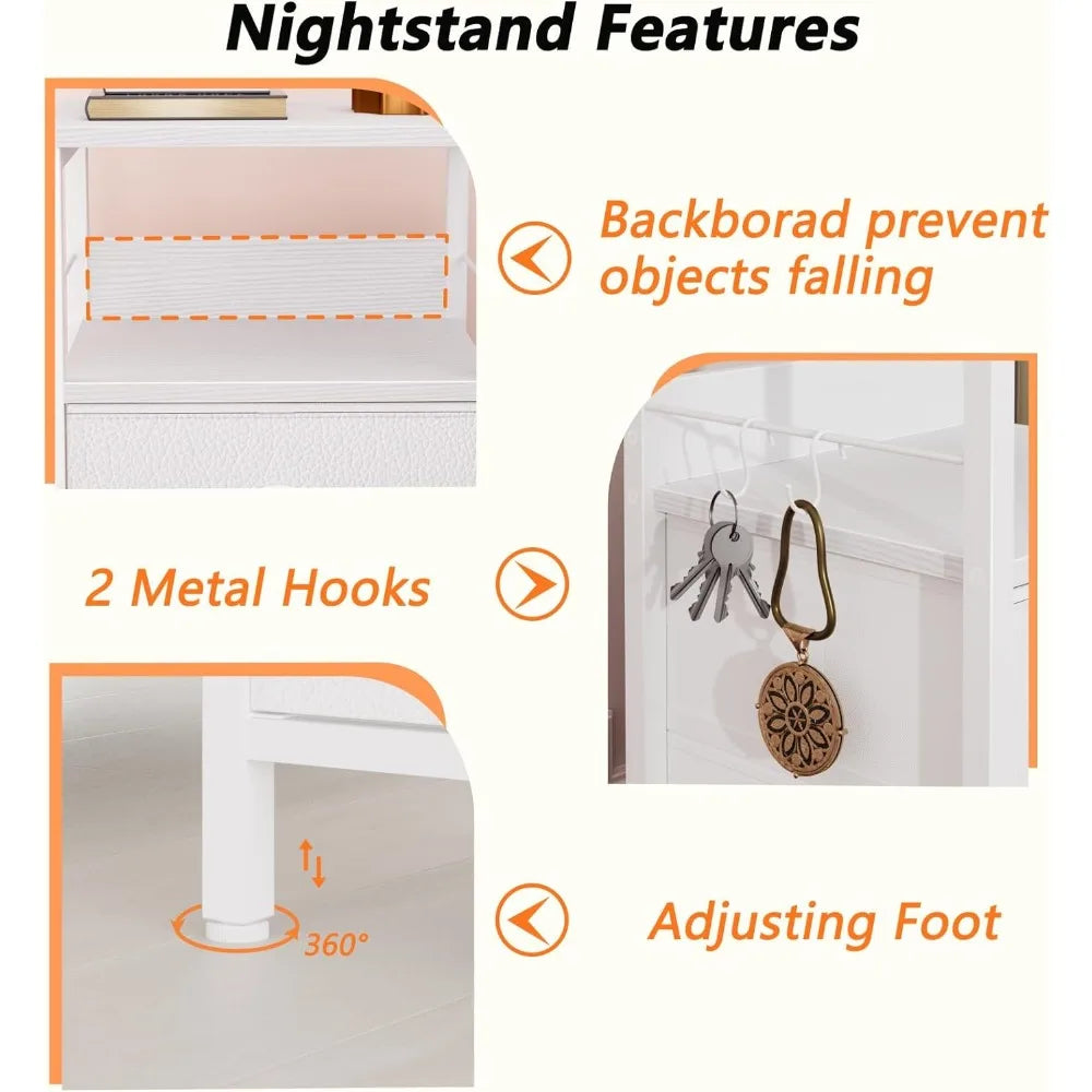 Nightstands Set 2, Bedside Table with 2 Fabric Drawers, End Table with Hooks and Shelf, Side Table