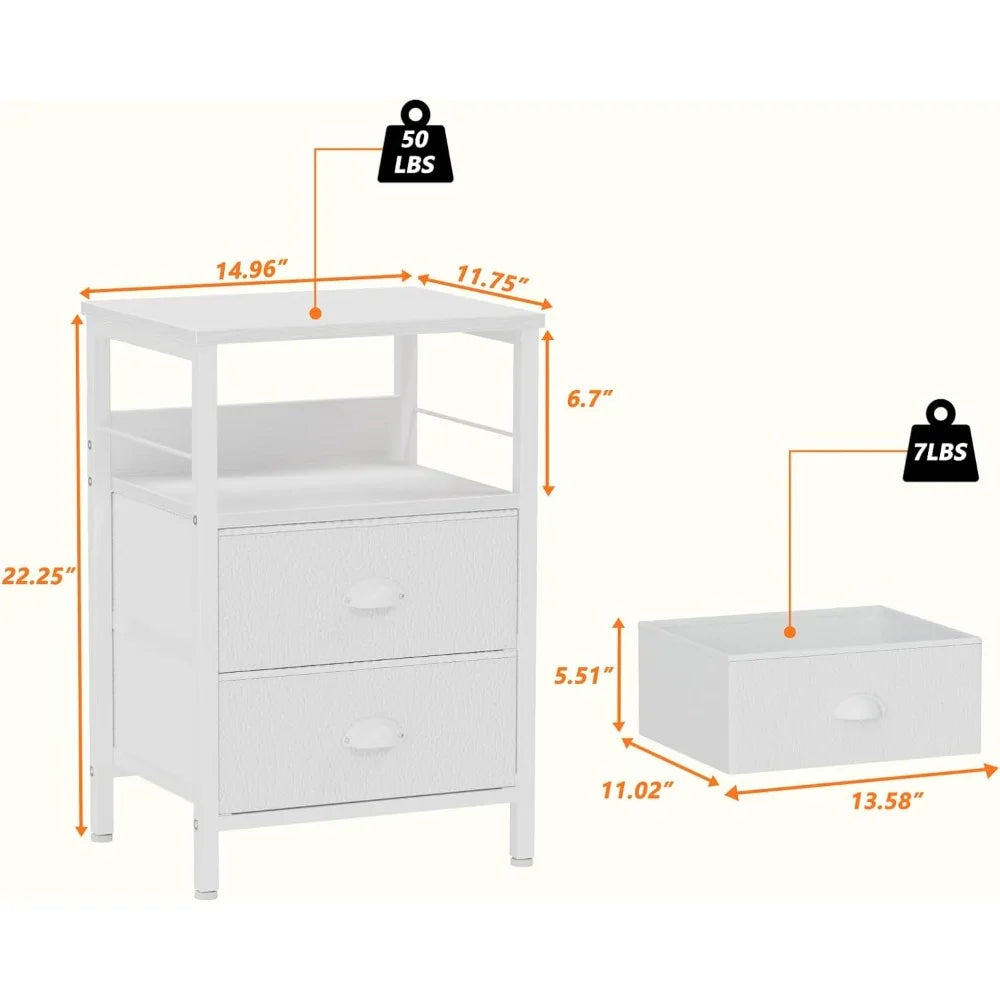 Nightstands Set 2, Bedside Table with 2 Fabric Drawers, End Table with Hooks and Shelf, Side Table