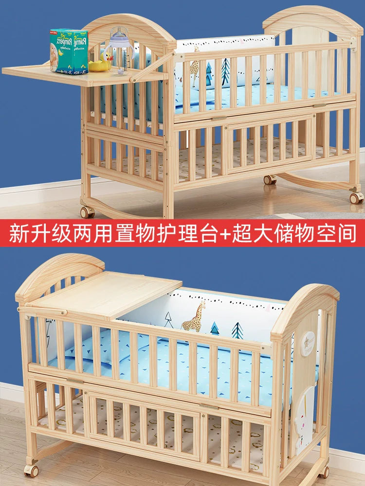 Mu Tongfang Crib Patchwork Large Bed European Mobile Newborn BB Children's Bed Solid Wood Multifunctional Bassinet