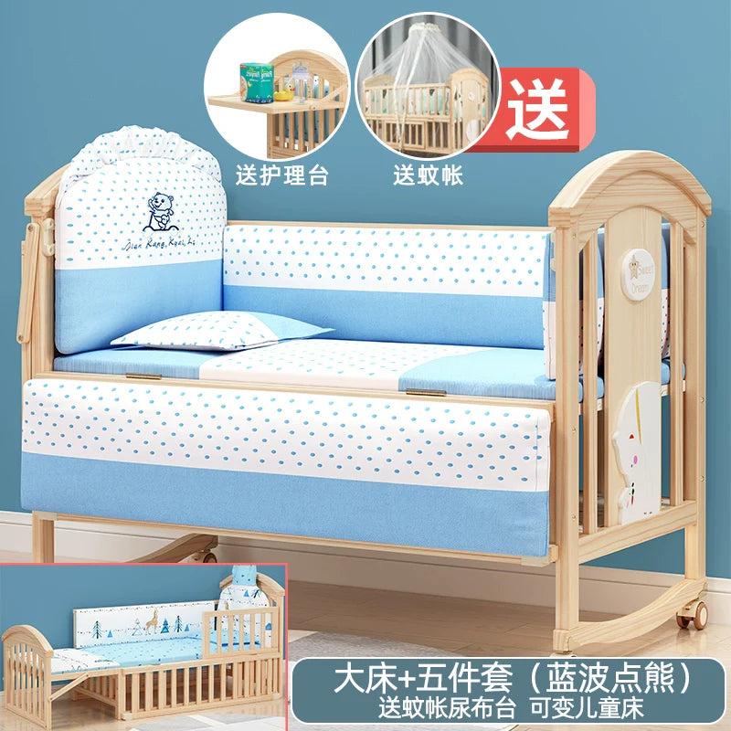 Mu Tongfang Crib Patchwork Large Bed European Mobile Newborn BB Children's Bed Solid Wood Multifunctional Bassinet