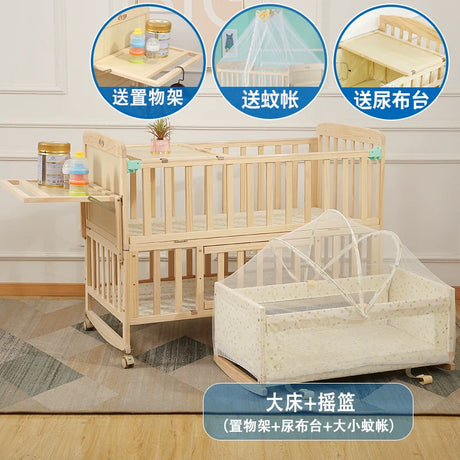 Zhitong Pine Crib Solid Wood Paint-Free Children's Bed BB Babies' Bed Cradle Multifunctional Patchwork Big Bed Newborn Children's Bed