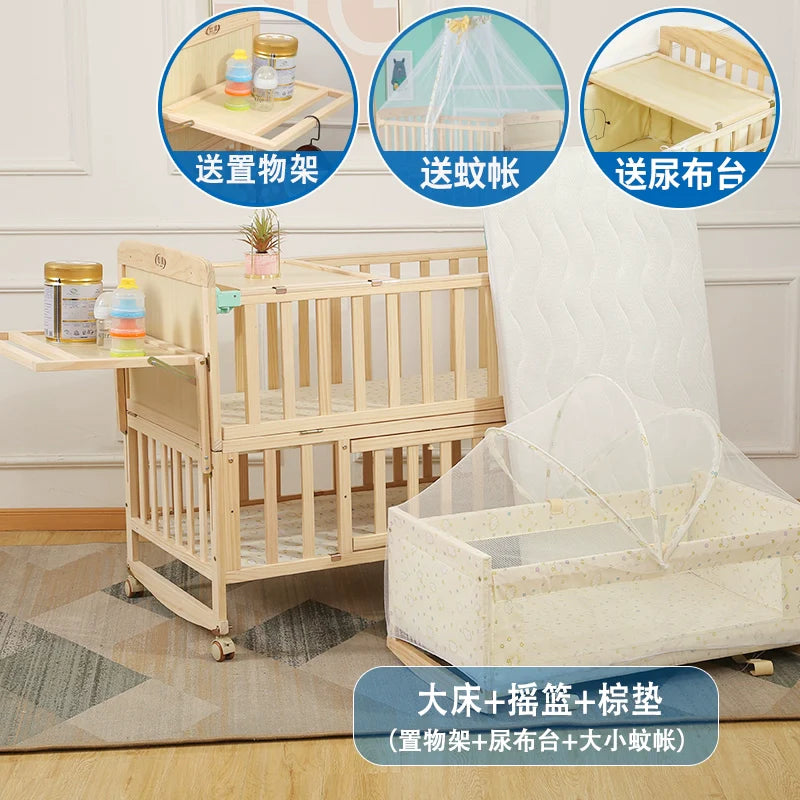 Zhitong Pine Crib Solid Wood Paint-Free Children's Bed BB Babies' Bed Cradle Multifunctional Patchwork Big Bed Newborn Children's Bed