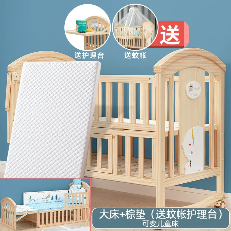 Mu Tongfang Crib Patchwork Large Bed European Mobile Newborn BB Children's Bed Solid Wood Multifunctional Bassinet