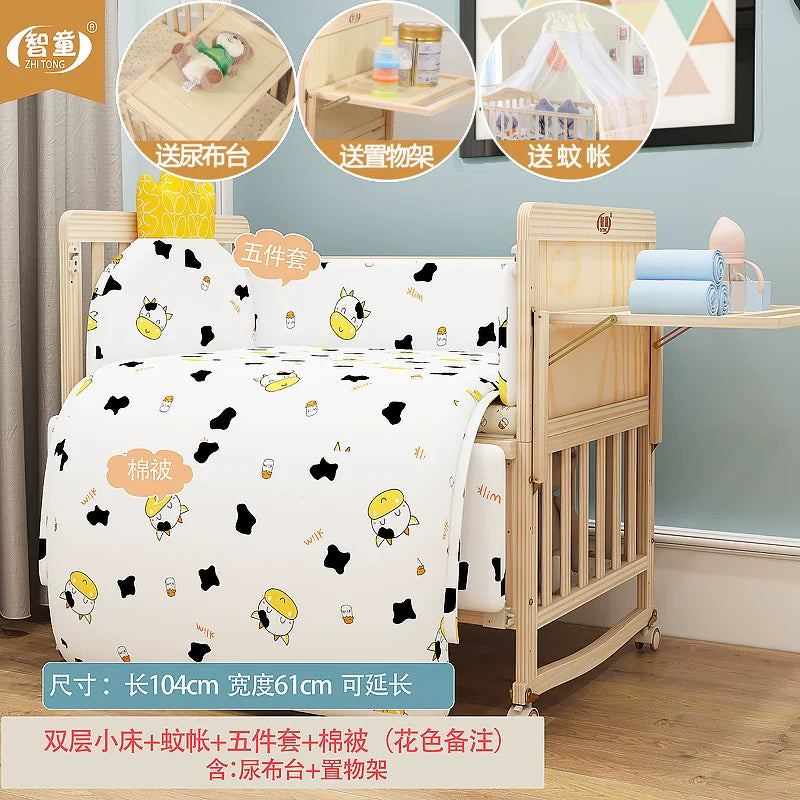 Zhitong Pine Crib Solid Wood Paint-Free Children's Bed BB Babies' Bed Cradle Multifunctional Patchwork Big Bed Newborn Children's Bed