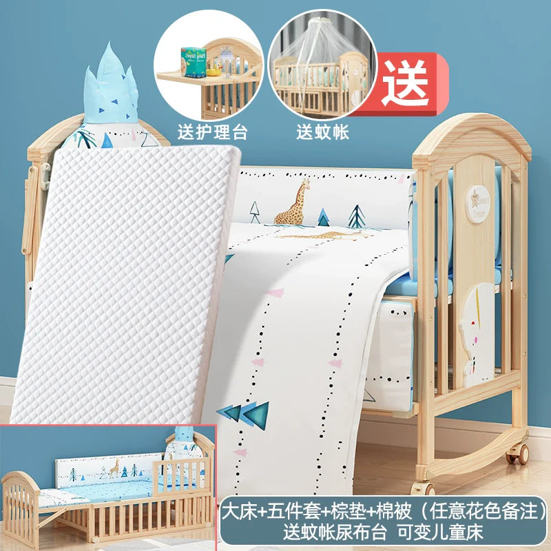 Mu Tongfang Crib Patchwork Large Bed European Mobile Newborn BB Children's Bed Solid Wood Multifunctional Bassinet