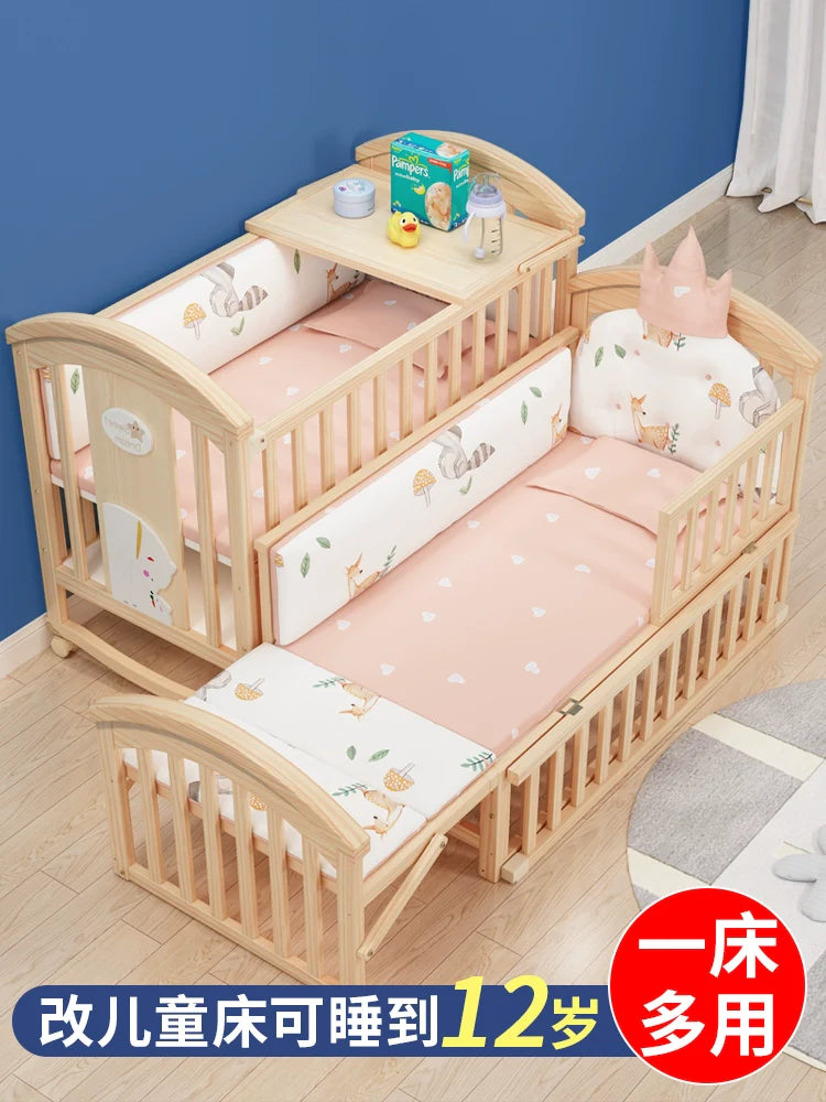 Mu Tongfang Crib Patchwork Large Bed European Mobile Newborn BB Children's Bed Solid Wood Multifunctional Bassinet