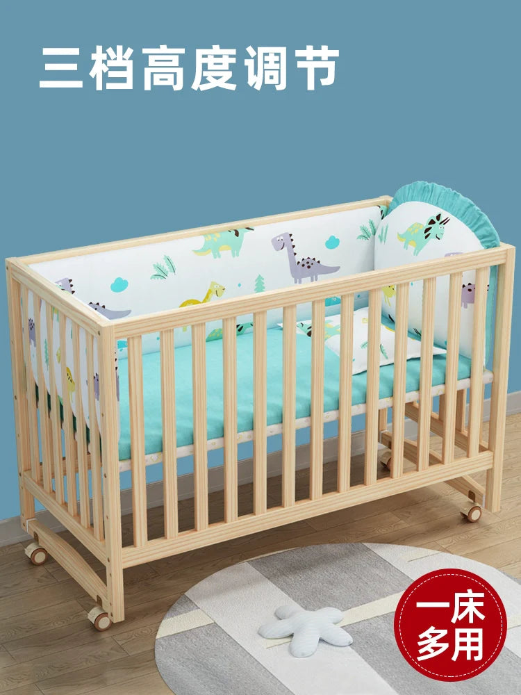 GNMN Crib Solid Wood Paint-Free Patchwork Big Bed BB Wooden Bed Movable Newborn Multi-Functional Baby Cradle Bed