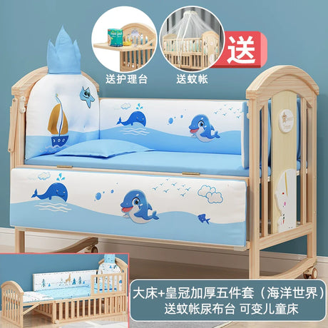 Mu Tongfang Crib Patchwork Large Bed European Mobile Newborn BB Children's Bed Solid Wood Multifunctional Bassinet