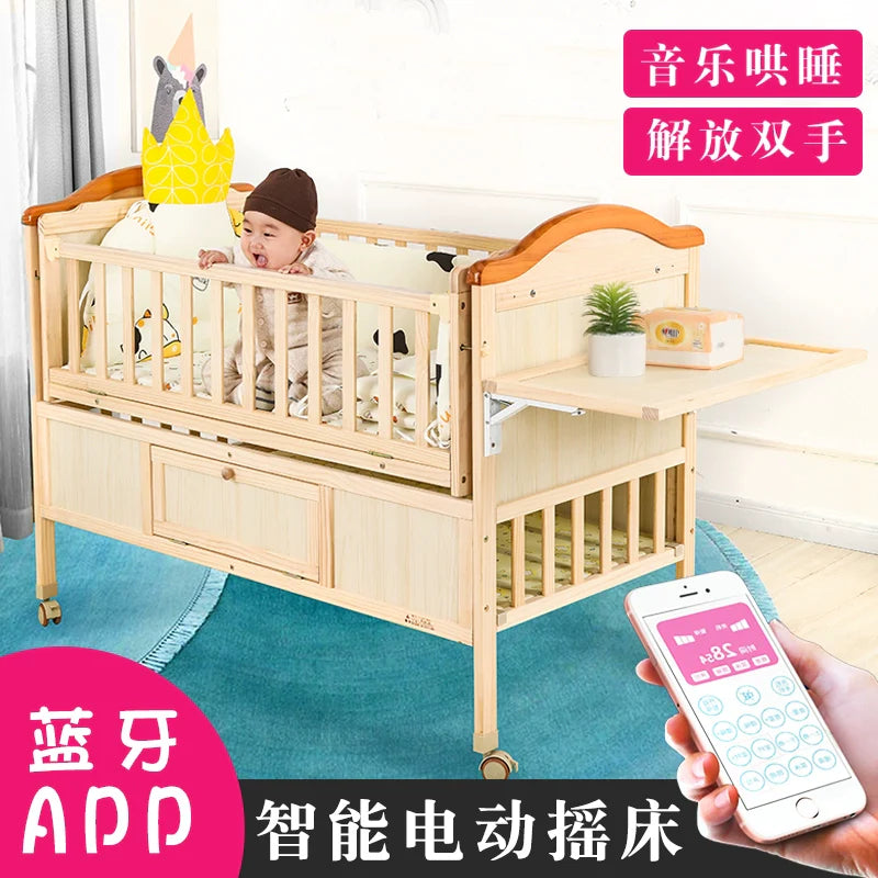 Baby Crib Electric Bassinet Solid Wood Paint-Free Automatic Shaking Babies' Bed Multi-Functional Newborn Children's Bed Patchwork Large Bed