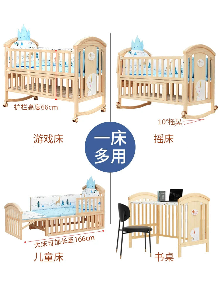 Mu Tongfang Crib Patchwork Large Bed European Mobile Newborn BB Children's Bed Solid Wood Multifunctional Bassinet