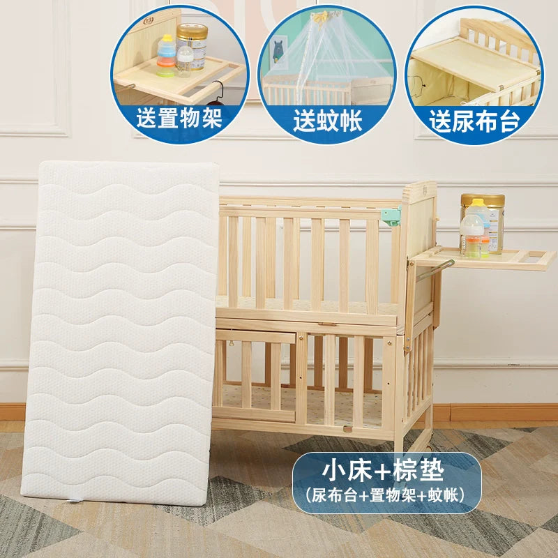 Zhitong Pine Crib Solid Wood Paint-Free Children's Bed BB Babies' Bed Cradle Multifunctional Patchwork Big Bed Newborn Children's Bed