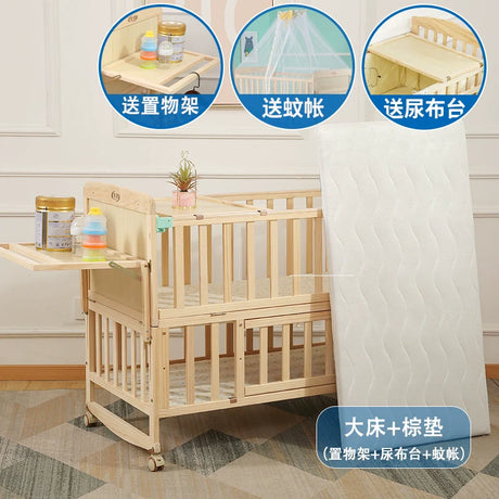 Zhitong Pine Crib Solid Wood Paint-Free Children's Bed BB Babies' Bed Cradle Multifunctional Patchwork Big Bed Newborn Children's Bed