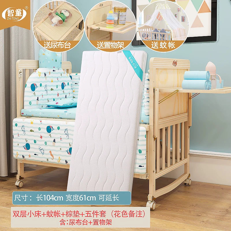 Zhitong Pine Crib Solid Wood Paint-Free Children's Bed BB Babies' Bed Cradle Multifunctional Patchwork Big Bed Newborn Children's Bed