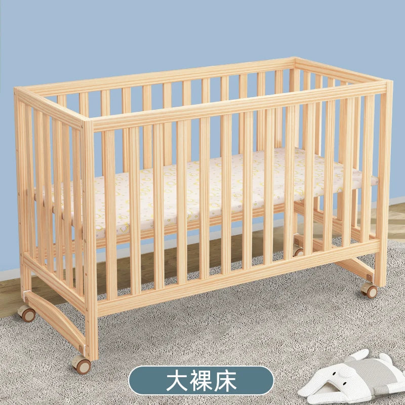 GNMN Crib Solid Wood Paint-Free Patchwork Big Bed BB Wooden Bed Movable Newborn Multi-Functional Baby Cradle Bed