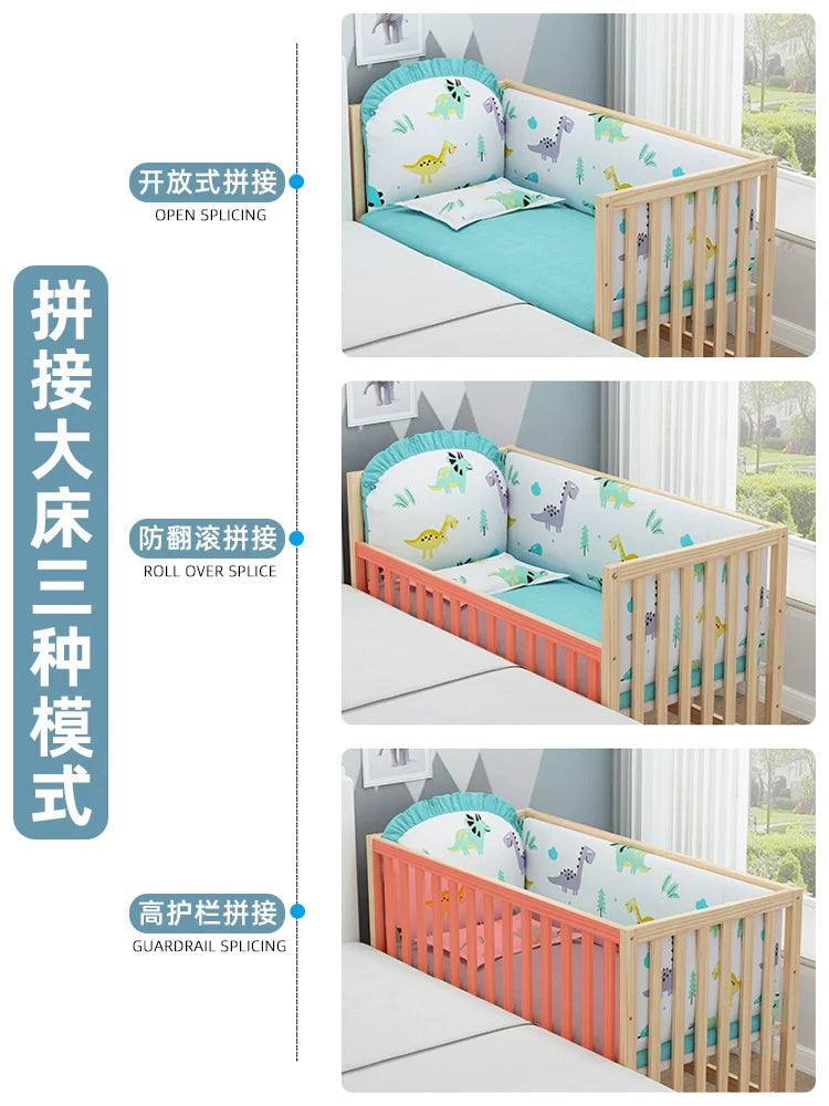 GNMN Crib Solid Wood Paint-Free Patchwork Big Bed BB Wooden Bed Movable Newborn Multi-Functional Baby Cradle Bed