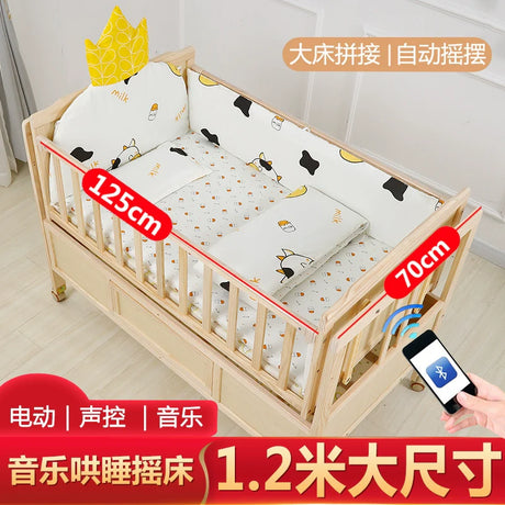 Baby Crib Electric Cradle Bed Patchwork Big Bed Side Bed Movable Solid Wood Newborn Automatic Intelligent Baby BB Bed