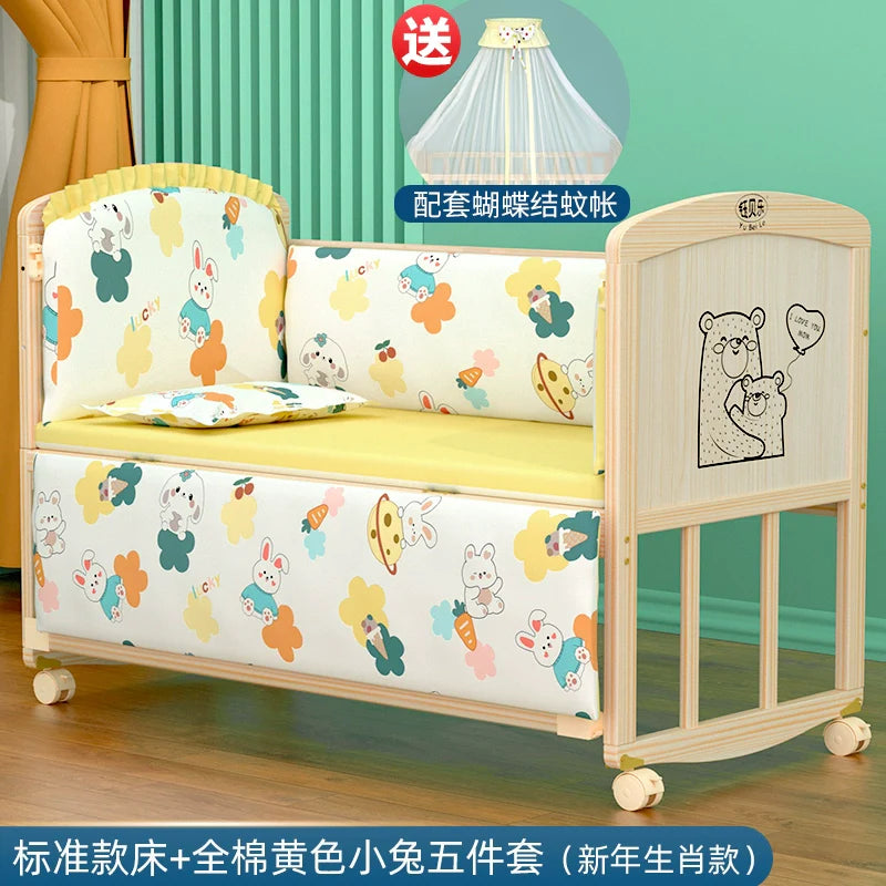 Yubele Crib Solid Wood Unpainted Babies' Bed Children's Bed Newborn Small Bed Patchwork Big Bed Baby Bassinet