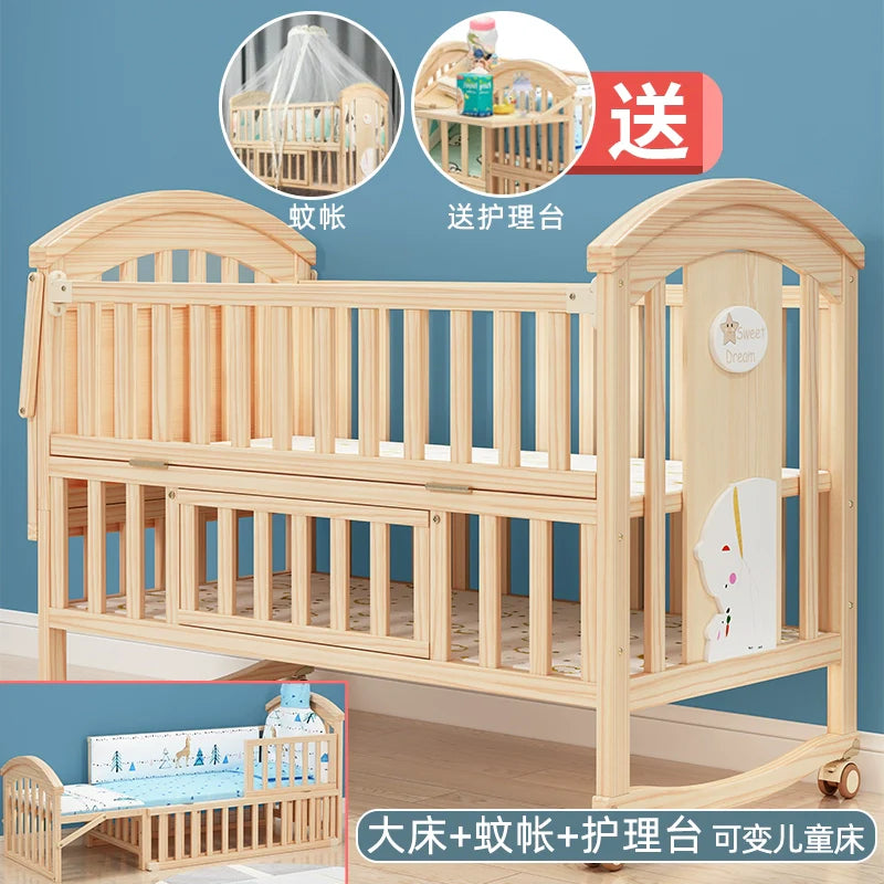 Mu Tongfang Crib Patchwork Large Bed European Mobile Newborn BB Children's Bed Solid Wood Multifunctional Bassinet