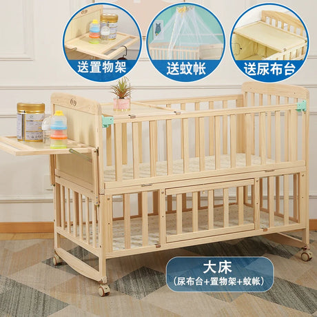 Zhitong Pine Crib Solid Wood Paint-Free Children's Bed BB Babies' Bed Cradle Multifunctional Patchwork Big Bed Newborn Children's Bed