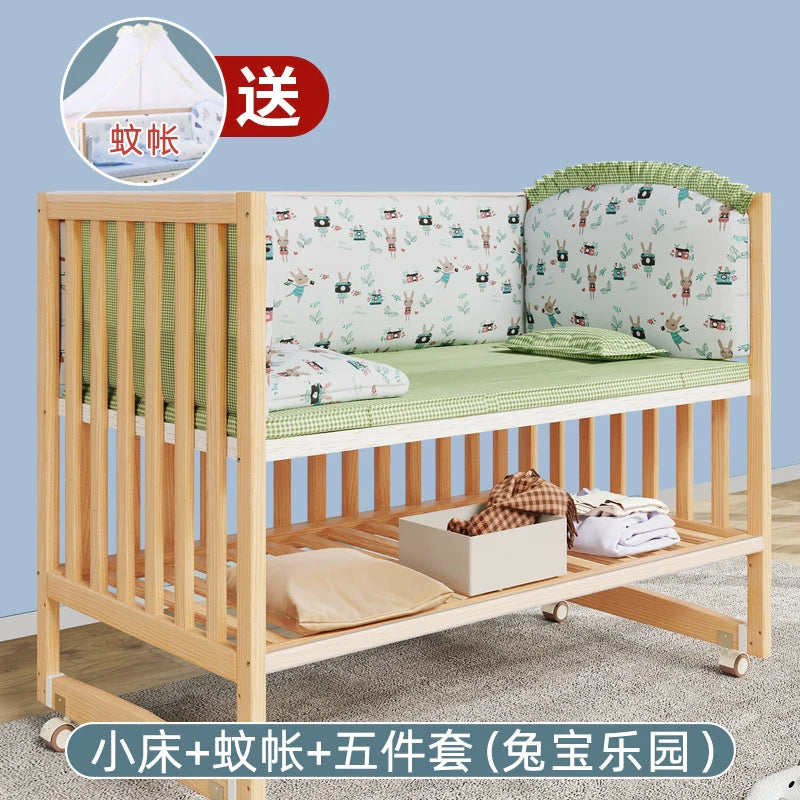 GNMN Crib Solid Wood Paint-Free Patchwork Big Bed BB Wooden Bed Movable Newborn Multi-Functional Baby Cradle Bed