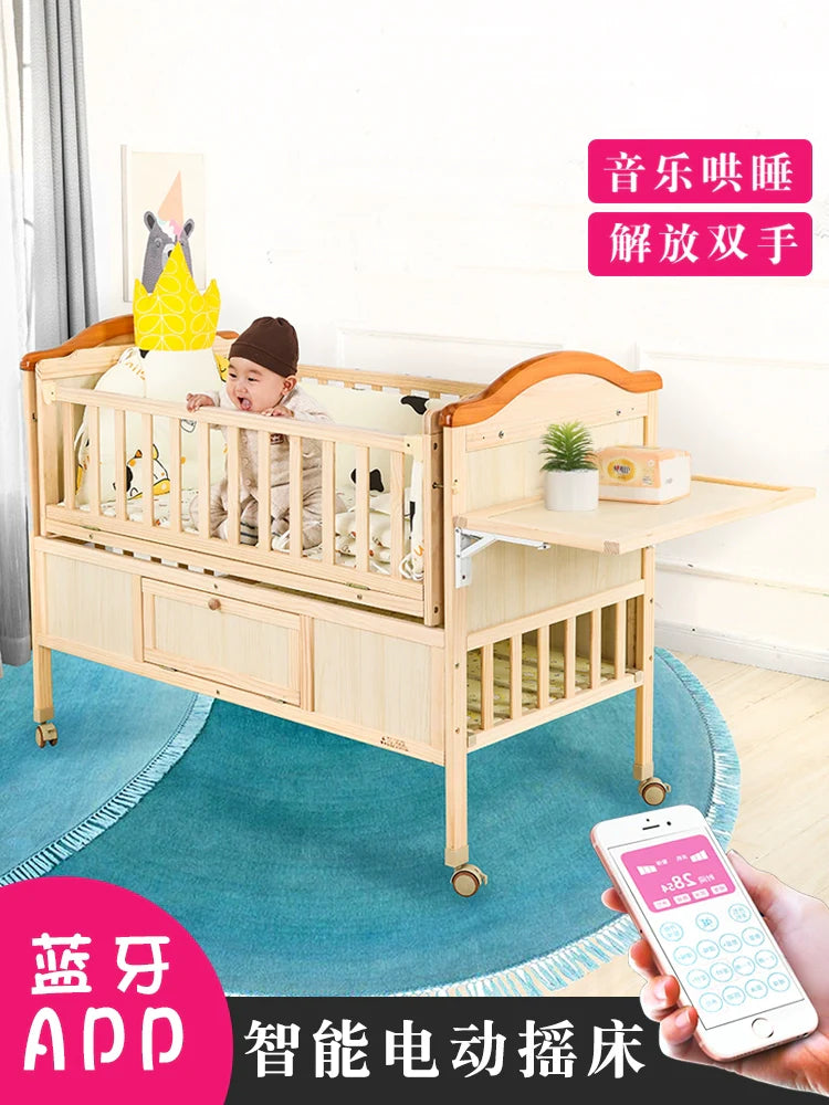 Baby Crib Electric Bassinet Solid Wood Paint-Free Automatic Shaking Babies' Bed Multi-Functional Newborn Children's Bed Patchwork Large Bed