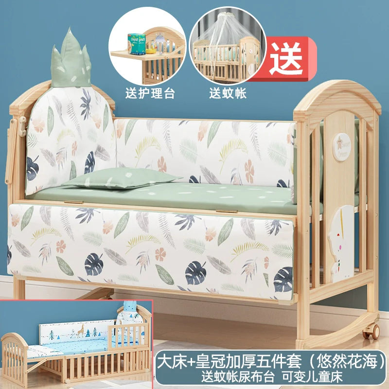 Mu Tongfang Crib Patchwork Large Bed European Mobile Newborn BB Children's Bed Solid Wood Multifunctional Bassinet