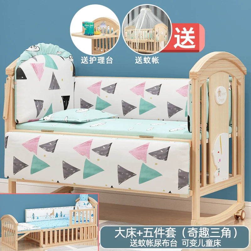 Mu Tongfang Crib Patchwork Large Bed European Mobile Newborn BB Children's Bed Solid Wood Multifunctional Bassinet