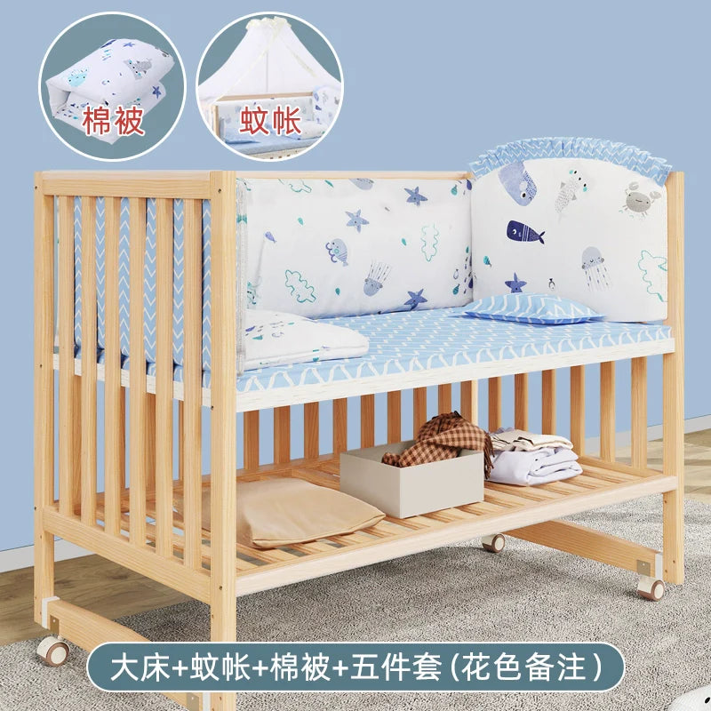 GNMN Crib Solid Wood Paint-Free Patchwork Big Bed BB Wooden Bed Movable Newborn Multi-Functional Baby Cradle Bed