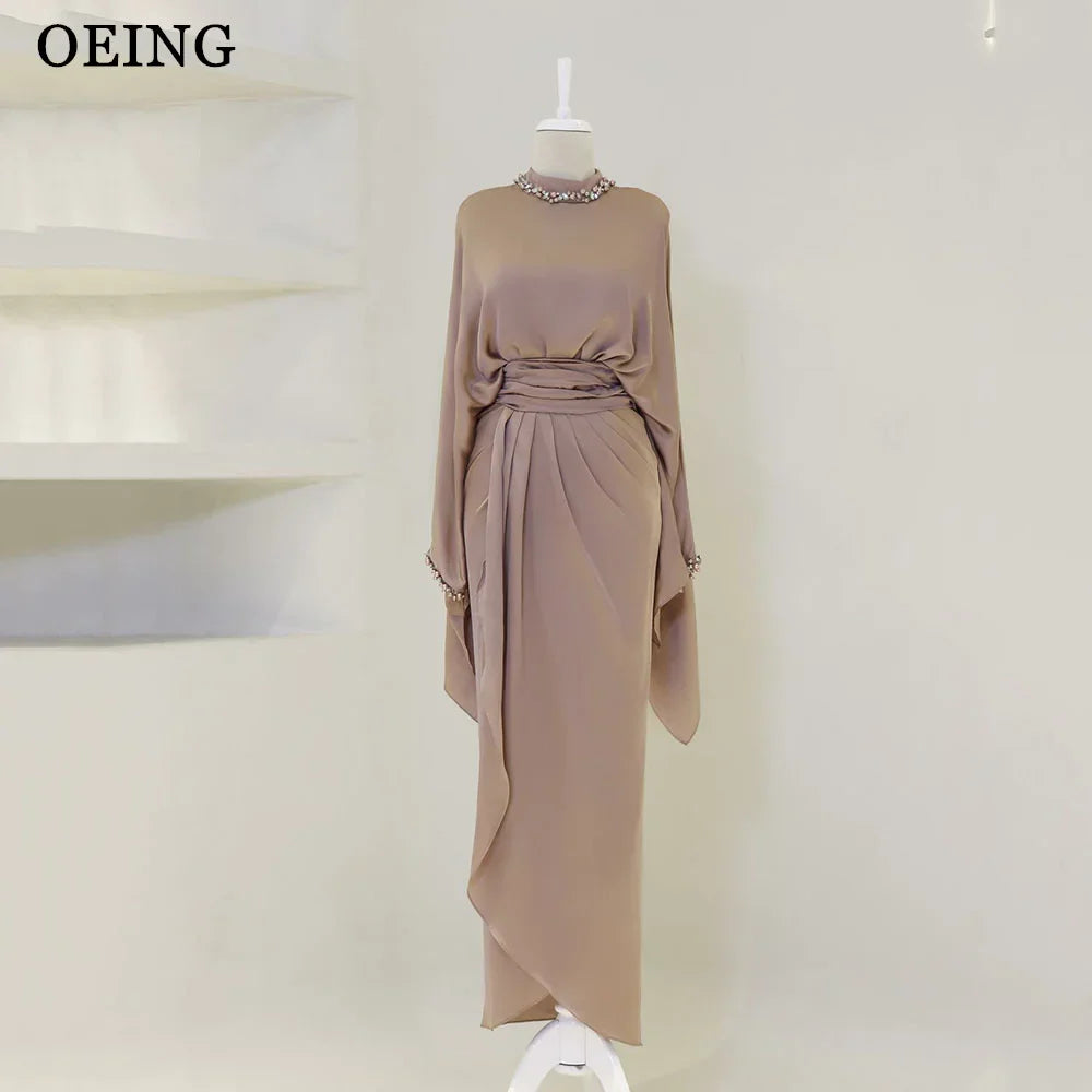 OEING Simple Women Evening Dresses Muslim Long Sleeves Pleats O Neck Cape Prom Gowns Formal Occasion Wedding Party Dress 2024