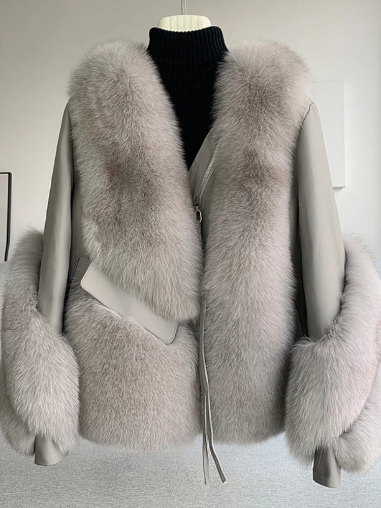 OFTBUY 2022 Real Fur Coat Winter Jacket Women Natural Fox Fur Genuine Leather Outerwear  Streetwear Locomotive Thick Warm New