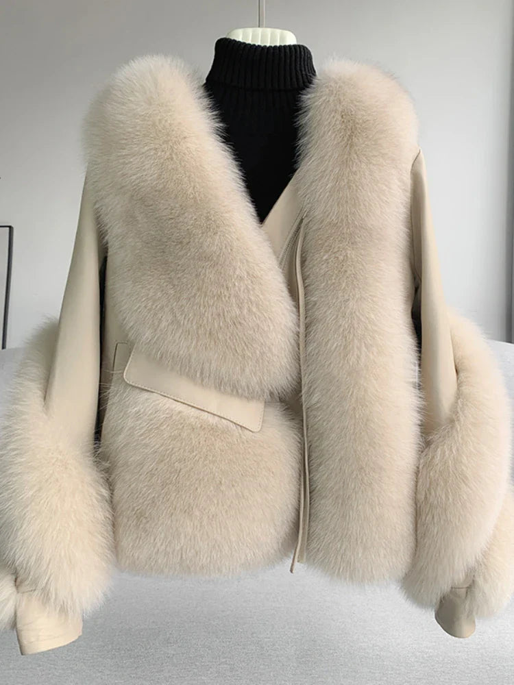 OFTBUY 2022 Real Fur Coat Winter Jacket Women Natural Fox Fur Genuine Leather Outerwear  Streetwear Locomotive Thick Warm New