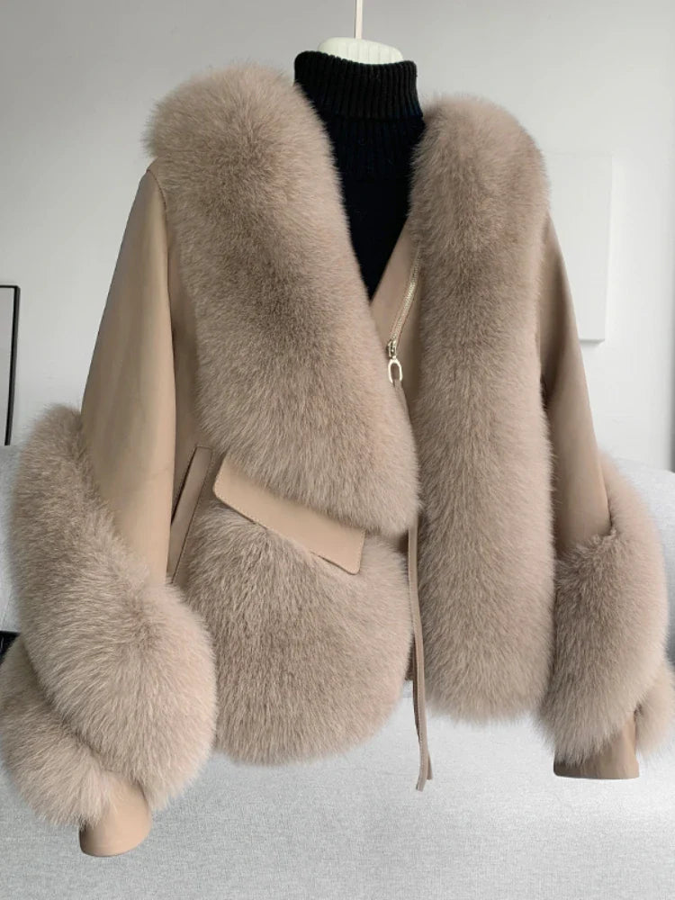 OFTBUY 2022 Real Fur Coat Winter Jacket Women Natural Fox Fur Genuine Leather Outerwear  Streetwear Locomotive Thick Warm New