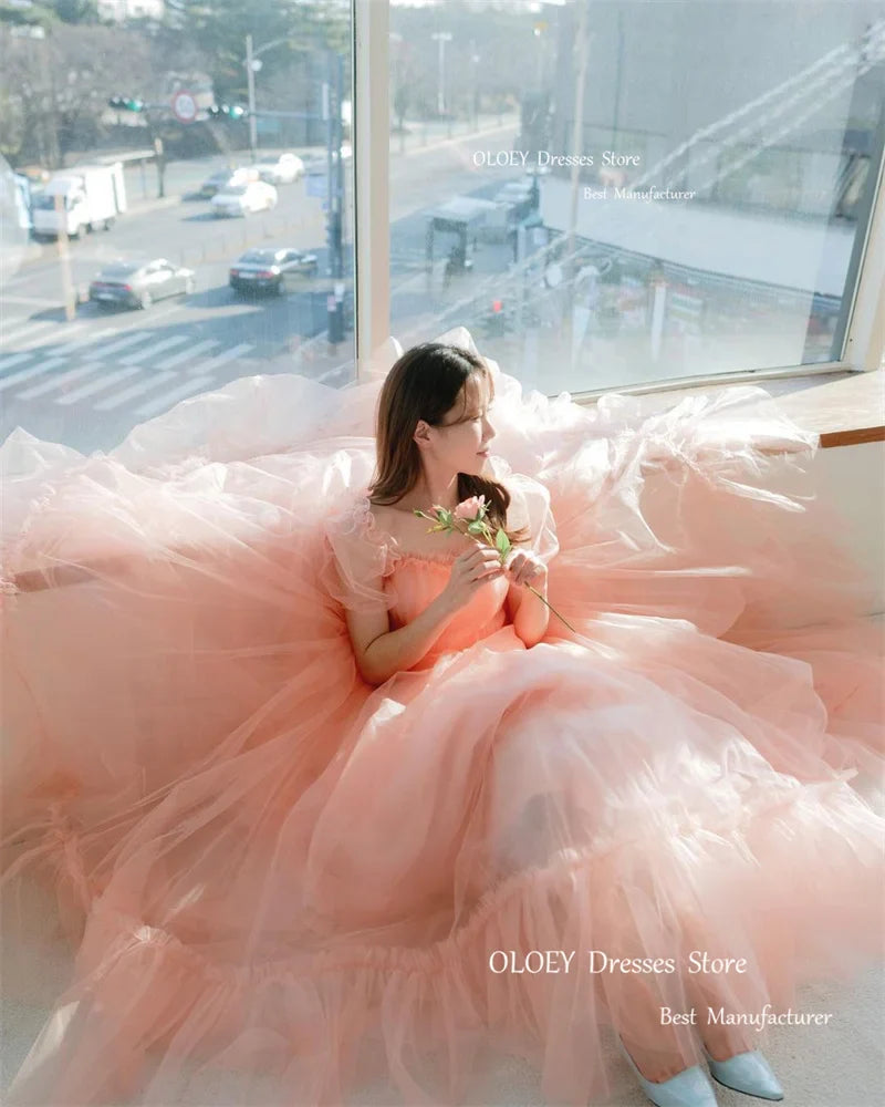 OLOEY Korea Lady Wedding Bride Party Dress For Evening Party Soft Tulle Garden Prom Gowns 2023 Puff Short Sleeves Formal Dress