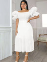 ONTINVA White Midi Dresses for Women Plus Size Off Shoulder Puff Sleeve Pleated A Line Evening Party Wedding Guest Outfits 4XL