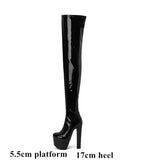 Ochanmeb 17cm Ultra High Heel Thigh Boots Women Stretch Patent Leather Bright Red Zipper Over-the-Knee Crotch Boot Platform Shoe