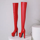 Ochanmeb 17cm Ultra High Heel Thigh Boots Women Stretch Patent Leather Bright Red Zipper Over-the-Knee Crotch Boot Platform Shoe