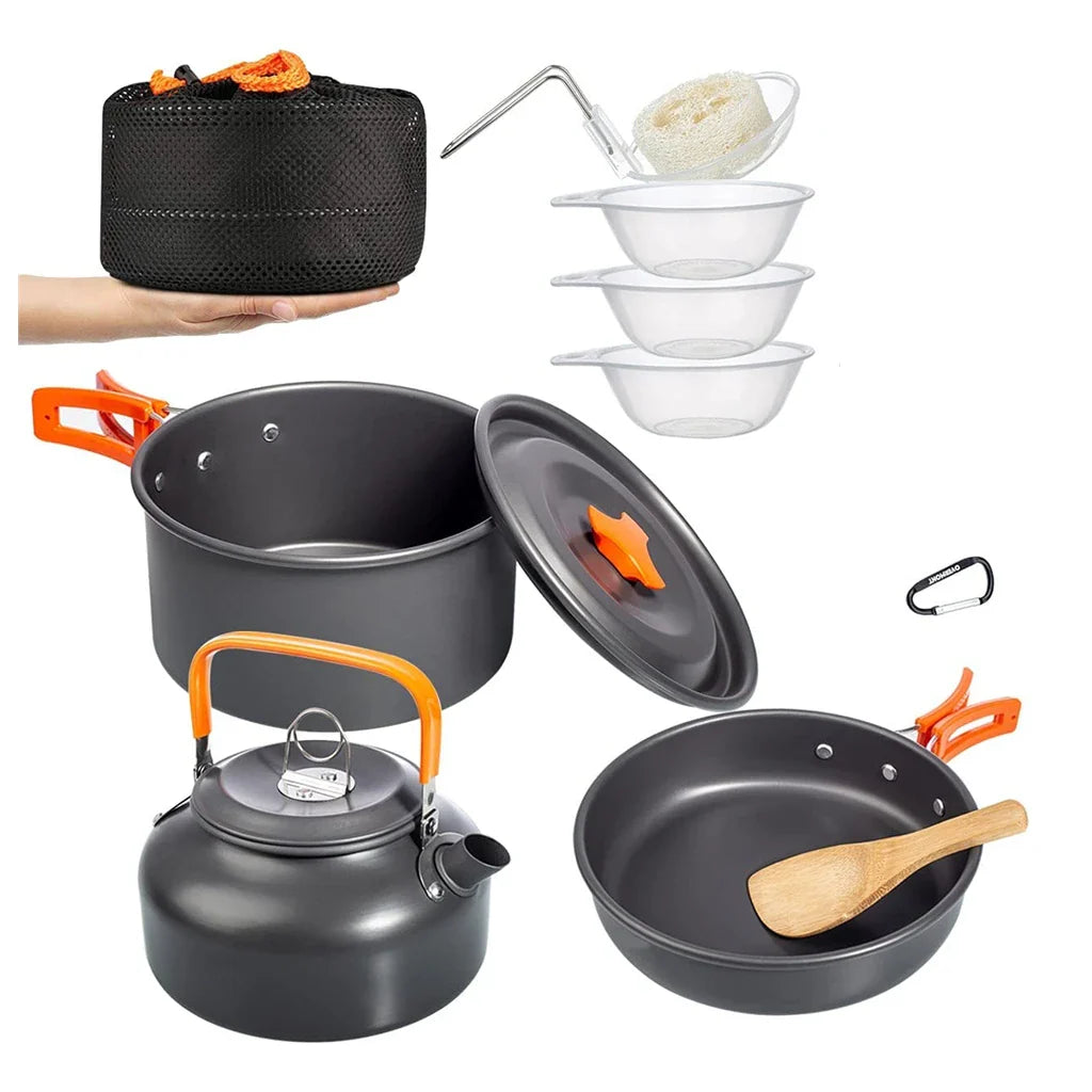 Outdoor Camping Cookware Kit Aluminum Portable Nonstick Cooking Water Kettle Pot Pan Set For Travel Hiking Picnic BBQ Tableware