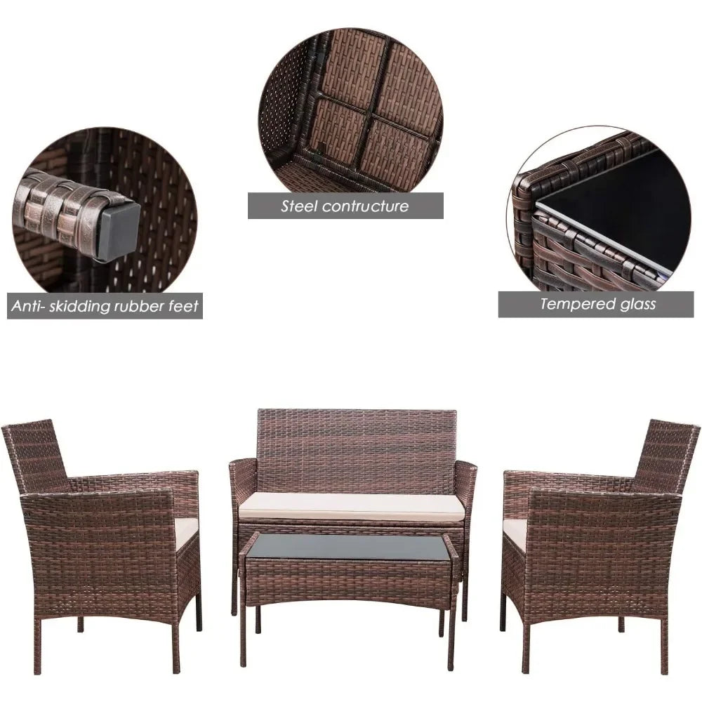 Outdoor Indoor Use Backyard Porch Garden Poolside Balcony Sets Brown and Beige 4 Pieces Furniture Outdoor Furniture Set