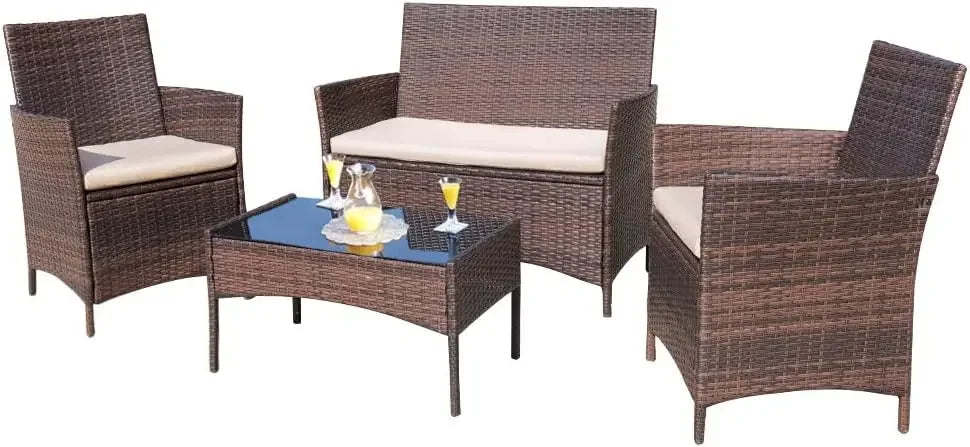 Outdoor Indoor Use Backyard Porch Garden Poolside Balcony Sets Brown and Beige 4 Pieces Furniture Outdoor Furniture Set