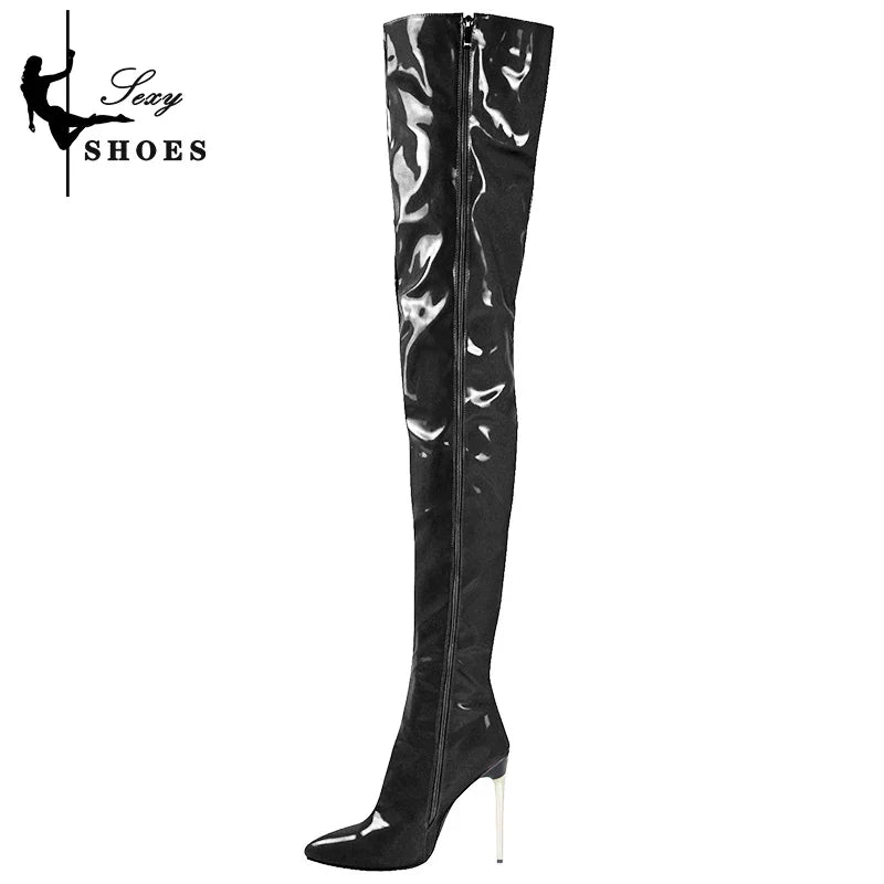 Over-the-Knee Ladies Boots Patent Leather Pointed Toe High Long Boots Large Size 46 Stiletto Women Sexy Stripper Shoes Botas