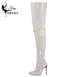 Over-the-Knee Ladies Boots Patent Leather Pointed Toe High Long Boots Large Size 46 Stiletto Women Sexy Stripper Shoes Botas