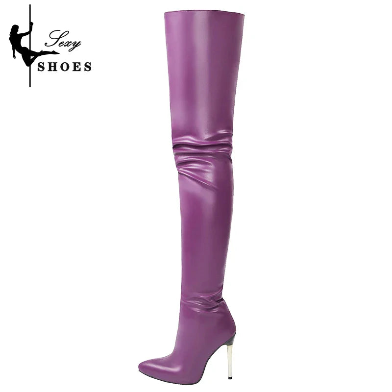 Over-the-Knee Ladies Boots Patent Leather Pointed Toe High Long Boots Large Size 46 Stiletto Women Sexy Stripper Shoes Botas