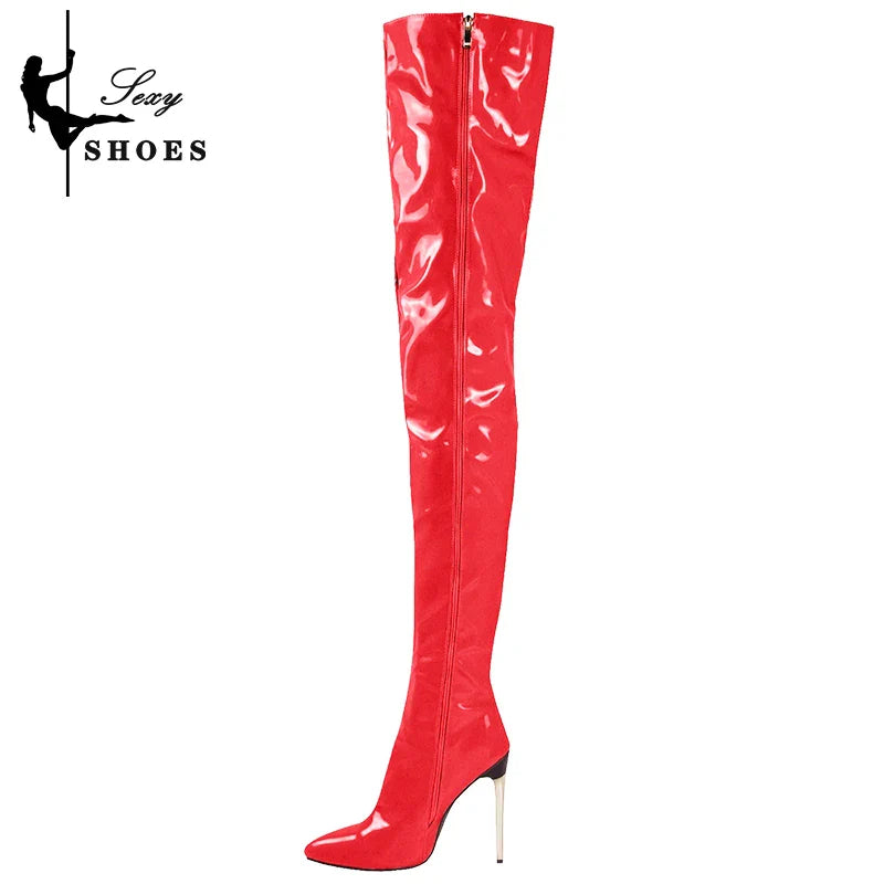 Over-the-Knee Ladies Boots Patent Leather Pointed Toe High Long Boots Large Size 46 Stiletto Women Sexy Stripper Shoes Botas