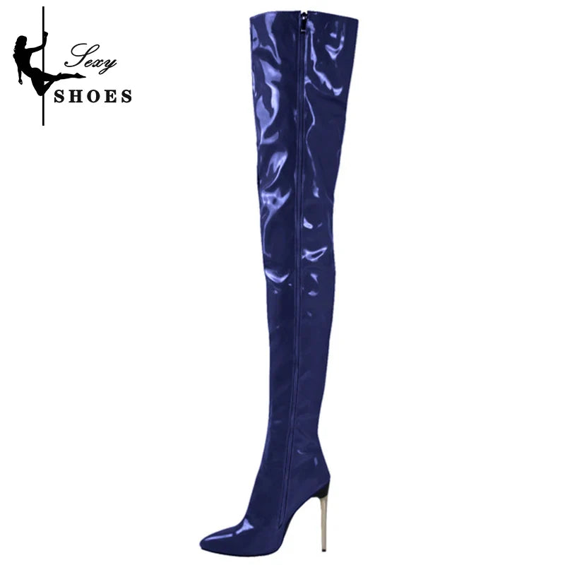 Over-the-Knee Ladies Boots Patent Leather Pointed Toe High Long Boots Large Size 46 Stiletto Women Sexy Stripper Shoes Botas