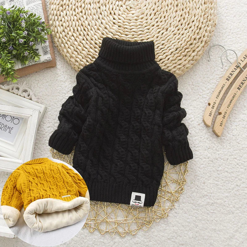 PHILOLOGY Plush inside pure color winter boy girl kid thick Knitted turtleneck shirts solid high collar pullover fluff sweater