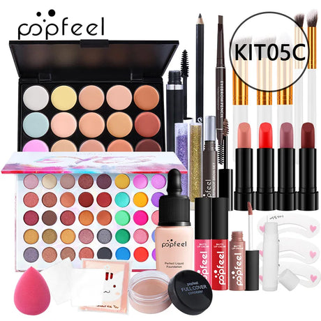 POPFEEL Lip Gloss Makeup Brush Eye Shadow Blush Liquid Foundation Puff Cosmetic Bag Eyebrow Pencil Make Up Kit